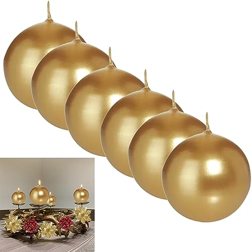 6 KUGELKERZEN Ø 8cm GOLD | Lange Brenndauer 25 Stunden | Stumpen- Kerze Kugel Echtwachs Glänzend Groß | Made in Germany