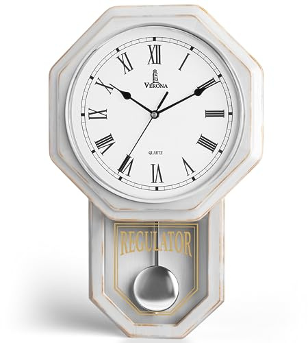 White Pendulum Wall Clock - Real Wood Regulator Clock - Rustic, Farmhouse Schoolhouse Design 18x11 - Quiet, Non-Chiming, Wooden & Battery Operated - Decorative Wall Decor for Living Room, Home, Office