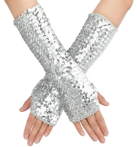 Yolev Glitzer Damen Pailletten Tanzhandschuhe für Karneval, Halloween & Partykleidung (Silber)