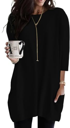 Poetsky Black Tunic Tops for Leggings, Casual 3 4 Sleeve Blouses with Pockets Loose Fitting