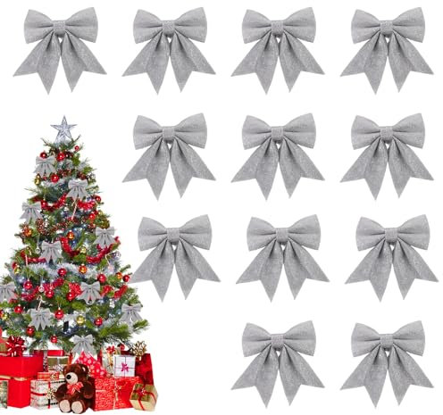 12 Stück Weihnachtsschleifen Silbern, 12x15 cm Silbern Schleifen Weihnachten Deko, Große Geschenk Schleife für Weihnachtsbaum Weihnachtskranz Deko