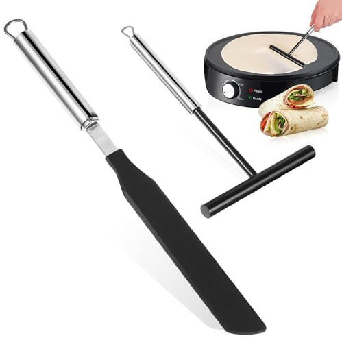 Riisoyu 2 Pièces Râteau à Crêpes, Spatule Crepe et Répartiteur Forme de T Etaleur Set Ensemble de Spatule et D'épandeur de Crêpe en Acier Inoxydable pour Pancakes Jambon Palates