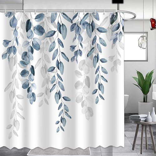 APROPHIC Cortina de Ducha de Hoja Eucalipto 180x180 cm, Cortinas de Ducha Azul Planta, Cortinas de Baño Impermeable Lavable Tejido de Poliéster Cortina Ducha con 12 Ganchos