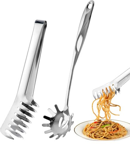 Set di 2 Cucchiaio per Spaghetti e Pinza per Spaghetti in Acciaio Inox Lavabile in Lavastoviglie Mestolo per Spaghetti Appeso con Denti e Manico Ergonomico per Cuocere e Cucinare la Pasta, Insalate