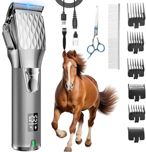 Cordless Horse Clippers and Trimmers Grooming Kit with 2500mAh Battery, Low Noise Heavy Duty Body Clipping Machine with LED Display for Horse, Cattle, Cat, Dog with Thick/Tangled Coat, Silver