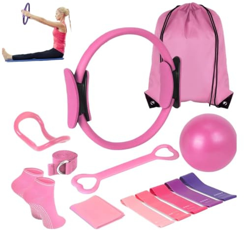 Generico Pilates Anello Cerchio Set 13 pz Attrezzatura Accessori per la Casa Allenamenti 9.8 Pilates Palla 12 Cerchio Magico Yoga Anello e Resistenza Bande per Le Donne Pilates Anel (Rosa)