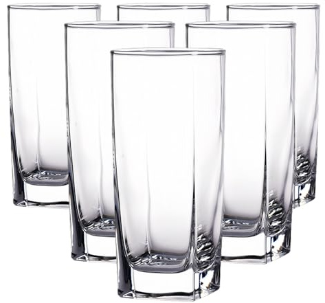 Supercap - Bicchieri Highball, bicchieri da vino in cristallo, tazze di vetro con fondo quadrato, bicchieri di vetro per cocktail, caffè freddo, birra, whisky, vino (clear, 6pcs)