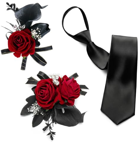 Rivvlive 3 Pcs Burgundy Corsage and Boutonniere Set Red and Black Rose Boutonniere and Tie Artificial Wrist Corsage Pre-tied Tie for Wedding Prom Bride Groom Suit Accessories