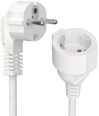 Kort 90° Schuko-förlängningssladd – 16 A/250 V – skyddskontaktstift typ F (CEE 7/4) till honkontakt (CEE 7/3) – vit – 0,5 m