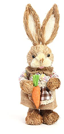 AVZYARDY Coniglio di Pasqua in paglia simulata, decorazioni pasquali in sisal con figura di coniglio e carota, statua rustica da tavolo per ufficio, fattoria, casa e decorazioni primaverili