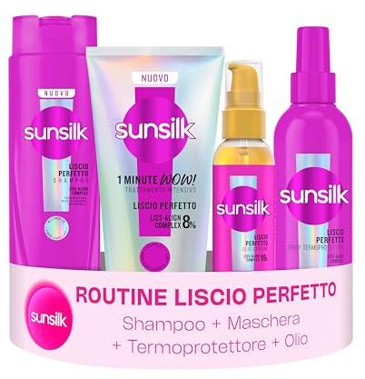 Sunsilk Kit Liscio Perfetto Shampoo 250ml, Maschera 1 Minute WOW 180ml, Spray Termoprotettore 200ml e Olio Styling 75ml, Trattamento Anticrespo Capelli Lisci, Protezione Calore da Phon e Piastra