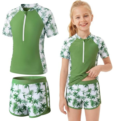 Baogaier Filles Maillot de Bain Imprimé 2 pièces Séchage Rapide 5-14 Ans | Manche Courte T-Shirt de Bain, avec Short, Enfant Confortable Eté, Ensemble, pour Piscine Plage Natation, Rash Guard Set