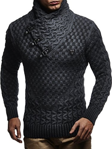 Leif Nelson Men's Pullover Knit Sweater Chunky Knit Shawl Collar LN-5255 Anthracite Black X-Large