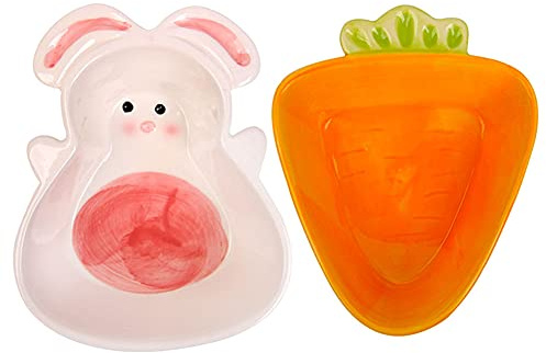 BIGCAKE 2 Pack Hamster Bowl Ceramic, Rabbit Food Dish Water Bowl Small Animal Feeding Bowl for Syrian Hamster Gerbil Bunny Guinea Pig Chinchilla Rat Hedgehog (Big Carrot & Bunny)