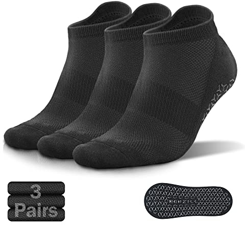 NEWZILL 3 Pairs Non Slip Yoga Socks With Grips for Women & Men, Unisex Anti Skid Socks, Ankle Grippy Slipper Socks for Pilates Barre Workouts Home Hospital (L/XL, Black)