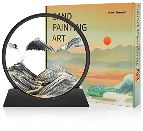 Wai Danie Sandbilder zum Drehen 3D Sandscape die Sandkunst in Tiefsee Fließende Sandmalerei Sandbild Geschenke Sanduhr Deko Aesthetic für Büro Wohnzimmer Schreibtisch Erwachsene Kinder (Schwarz,7”)