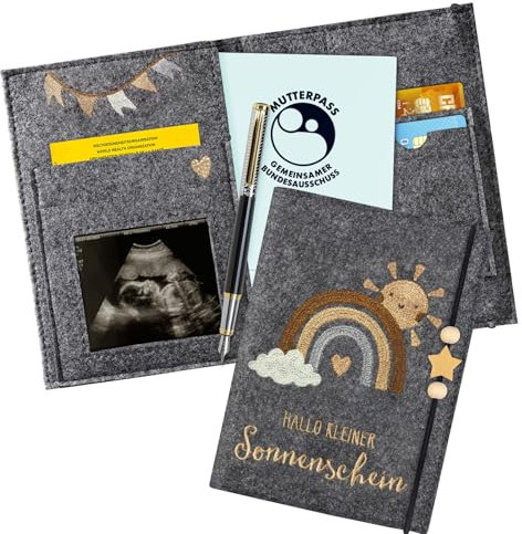 Mutterpasshülle aus Filz für Deutschen Mutterpass, Mutterpass-Schutzhülle zur Aufbewahrung von Impfpass usw,Süßes Geschenk für Schwangerinen und Zukunftige Mütter (Regenbogen dunkelgrau)