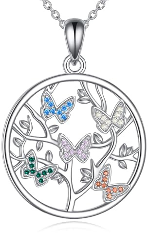 YFN Fjäril halsband S925 sterlingsilver livets träd smycken dam, present till kvinnor mor mormor, Sterlingsilver, Ingen ädelsten
