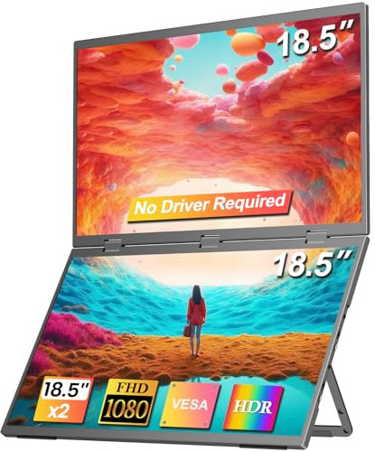 CUIUIC Dual Portable Monitor, 18.5 1080P FHD IPS Folding Stacked Triple Laptop Screen Extender, USB-C Plug & Play Travel Extended Computer Display for Laptop PC Windows Mac w/Stand & VESA Mountable