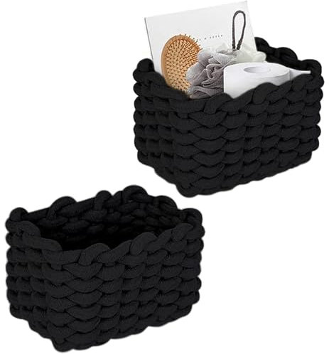 Aufbewahrungskorb, 2 Stück Geflochten Baumwolle Strickkorb, 19x15x12cm Baumwoll Badezimmer Korb, Geflochten Schwarz, Baumwollseil Geflochten, Körbe Schwarz Geflochten, für Hautpflegeprodukt