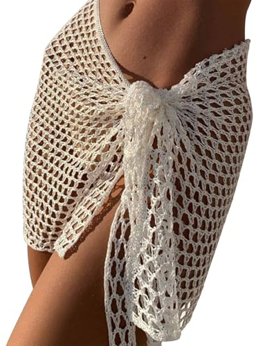 Women Sarong Beach Bikini Cover up Skirt Hollow Out Summer Scarf Swim Wrap Mini Skirt Swimsuit (A-a-White, ONE Size)