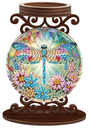 SHEGZHUC Diamond Painting Kerzenständer Holz 10x13.5cm Diamant Malerei Kerzenhalter Stumpenkerzen Stabkerzenhalter Tischdeko Geschenk Deko Wohnzimmer Schlafzimmer Badezimmer || Fenster Libelle