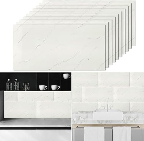 Lot de 10 autocollants pour carrelage mural marbré blanc – 60 x 30 cm – Film autocollant en vinyle pour carrelage mural aquatique – Panneaux muraux de cuisine – Décoration murale (blanc)