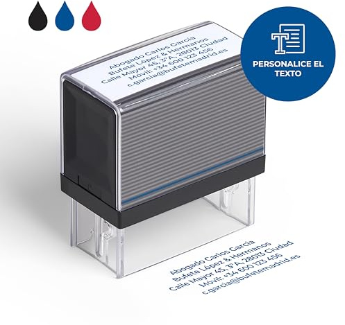 Cimpress Sello Autoentintable Personalizado con Texto, Ideal como Sello de Nombre, Dirección o Empresa, Tinta Azul, Tamaño Grande 6,7 x 2,8 cm, Perfecto para Uso Diario en Oficina o Escuela