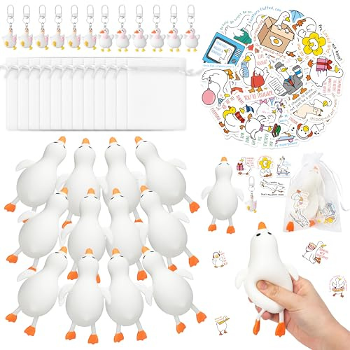 TICIAGA 12 Pack Silly Goose Large Squeeze Toys Party Favor Gift Set for Kids, Random Squishy Fidget Toy Key Chain Inspirational Sticker and Organza Bag, Funny Goose Birthday Gift with Novelty Toy