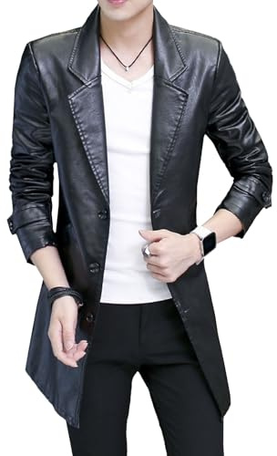 Giacca da uomo in pelle classica Laper, lunga, a tre quarti, blazer, cappotto trench, Nero , XL