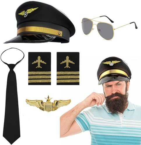 ELYIQI 5 Stück Piloten Kostüm Herren, Piloten Kostüm Set für Herren, Pilotenmütze, Abzeichen, Schulterklappen, Brille und Krawatte, Ideal für Karneval, Fasching, Mottopartys und Rollenspiele