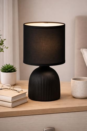 Mini Ribbed Bedside Lamp,Modern Table Light with Textured Ribbed Base, Small Nightstand Lamp for Bedroom, Desk, Shelf or Living Room Décor-A61 (Black)