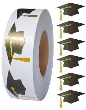 500 Pcs Graduation Cap Stickers, Black and Gold Cap Round Label Roll, Graduation Party Favor Seals for Envelopes, Gift Bags, Treat Bags, Invitations and Gift Packaging