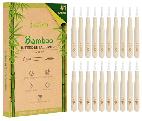 Isshah Biodegradable Bamboo Handle Interdental Brushes Between Teeth Cleaner Deep Clean Toothpick, FSC Certified and PETA Approved, Size 1 (0.45mm), 40 Count
