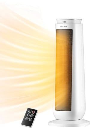 PELONIS 23” Oscillating Ceramic Tower Space Heater with Remote & Thermostat, Electric Energy Efficient Floor Heater for Indoor Use Large Room Safe with Timer, ECO Mode, 1500W, White
