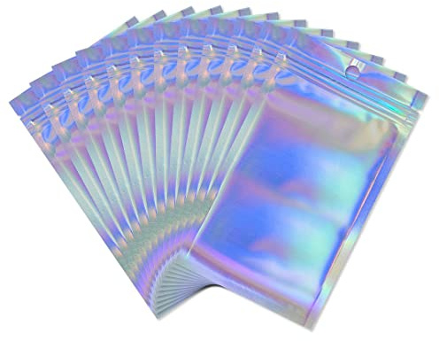 Rimiko 50 Piezas de Bolsas Holográficas de Aluminio Resellables, Bolsas Mylar Herméticas para Alimentos, Bolsas Planas con Cierre Zip para el Embalaje de Productos (Holográfico, 9x16cm)