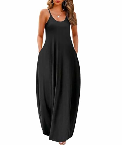Wolddress Sleeveless Sundress Flowy Party Maxi Dress Adjustable Spaghetti Straps Dress for Daily Wear Work Coffee Shopping, Fall Outings Maternity Gender Reveal Soft Lightweight Black XX-Large