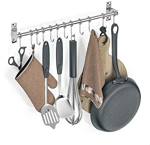 Booxihome Multifunktionale Küchen Hängeleiste SUS304 Edelstahl Küchen Stange Bad Hakenleiste Küchenzubehör 50 cm mit 12 Beweglichen S Haken(50cm)…