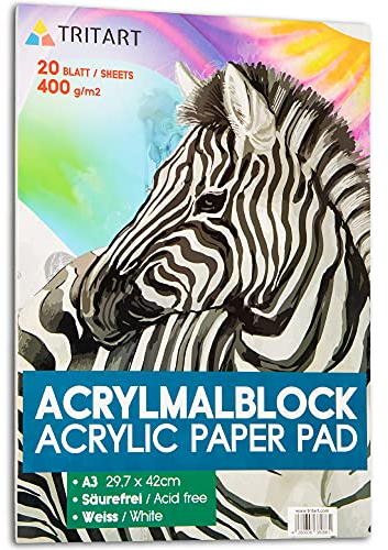 Tritart Acryl-Papier A3 400g/m2 | Malblock für Acrylfarben 20 Blatt weiß | hochwertiges Acryl Zeichenpapier säurefrei | schweres Malpapier für Acrylmalerei und Ölmalerei | kopfseitig geleimt