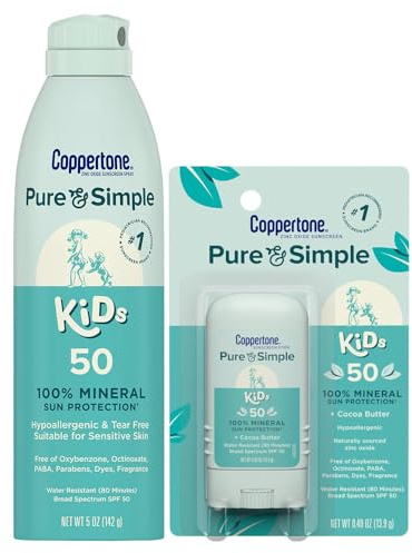 Coppertone Pure and Simple Kids Mineral Sunscreen Spray SPF 50 (5 Oz) + Kids Sunscreen Stick SPF 50 (0.49 Oz), Hypoallergenic and Fragrance Free