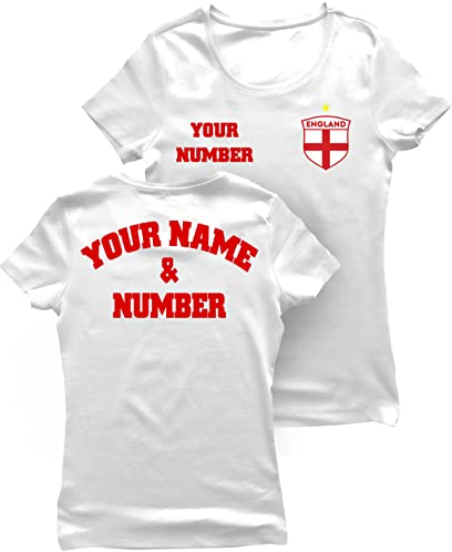 lepni.me Women's T-Shirt England Football Shirt with Your Name and Number - England Flag Badge Personalised Retro Custom Top World Cup 2022 European Football Championship Fan (XL White Multi Color)