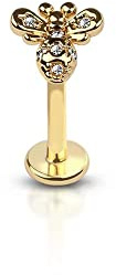 BlackAmazement 316L Edelstahl Labret Ohrstecker Tragus Helix Monroe Piercing Biene Zirkonia CZ Klar Gold Silber 6mm 8mm Damen (Farbe Gold - Stablänge 8mm)