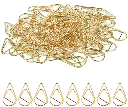 Gold Paper Clips 100 Pcs Small Teardrop Metal Clips | Water Drop Shaped Bookmarks for Office, School, Crafts, Photos & Posters | Premium Stainless Steel Decorative Clips(16x25mm)