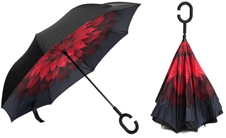 Braty Decorations Parapluie canne inversé, Parapluie innovant, Parapluie double couche, Parapluie inversé, Parapluie avec poignée en forme de C, Fleurs rouges, L