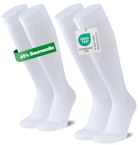 Calze di sostegno (2 paia) con compressione, calze da viaggio con 65% cotone, calze a compressione per uomo e donna – calze di sostegno al ginocchio senza cuciture fastidiose, 2 x bianco, 39-42