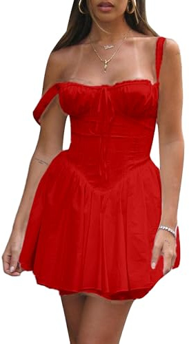Fexofao Abito da donna a forma di lattaia, corsetto, mini coquette, senza maniche, scollo quadrato, con lacci sul davanti, corto, stile casual, linea ad A, Rosso, M
