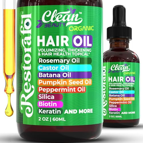 Clean Beauty rosmarin hårolja för tillväxt, med ricinolja, Batanaolja, pumpafröolja, pepparmyntolja, kisel, biotin, kollagen, keratin, palm E