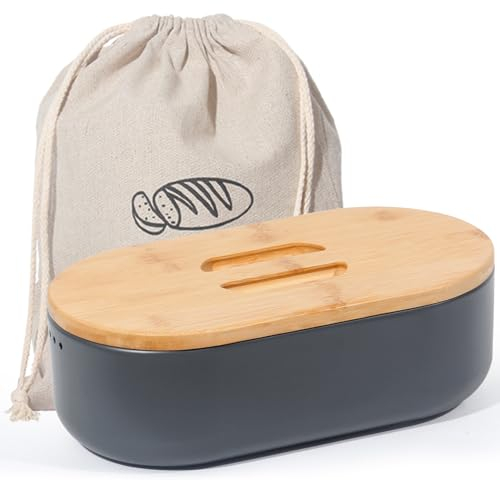 SYLANDO Klein Brotkasten, 33,5 * 18 * 11,3CM, 5L Hochwertige Metall Brotbox, Die Aufbewahrung für noch länger frisches Brot, Deckel aus Ökologisches Bambus, Matt Grau