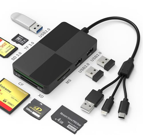 8-in-1 XD Picture Card Adapter für iPhone/USB C/PC - Memory Stick Pro Duo Adapter und SD/TF/CF/XD Kartenleser Hub mit 3 USB2.0-Anschlüssen, Type-C USB-A Light ning Multi SD Kartenleser OTG-Adapter