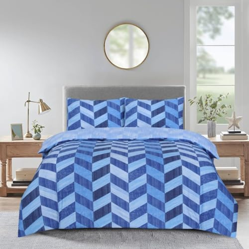 PRIME LINENS Duvet Cover Set 4 Pcs Brushed Microfibre Quilt Cover Bedding Set With Pillow Cases and Extra Fitted Sheet Included (Zigzag Blue, Double)